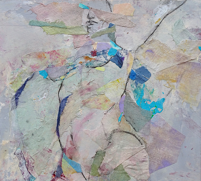 <em>Unfolding</em>, acrylic on paper, linen and birch panel, 12-1/2 inches by 14 inches, 320